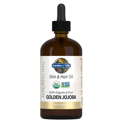 Garden of Life golden jojoba oil bottle showing front label and purity benefit