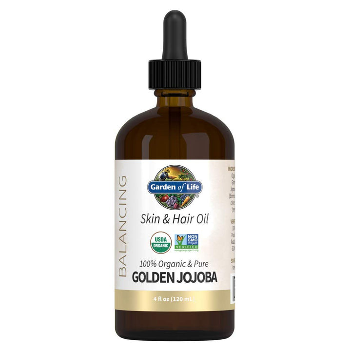 Garden of Life golden jojoba oil bottle showing front label and purity benefit