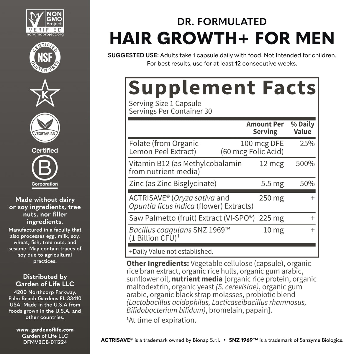 Garden of Life supplement facts label showing dosage and ingredient transparency