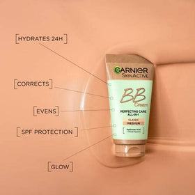 Garnier applied to cheek demonstrating even coverage and natural-looking finish