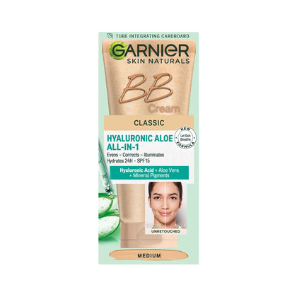 Garnier BB Cream medium front tube showing packaging and sustainable design benefits