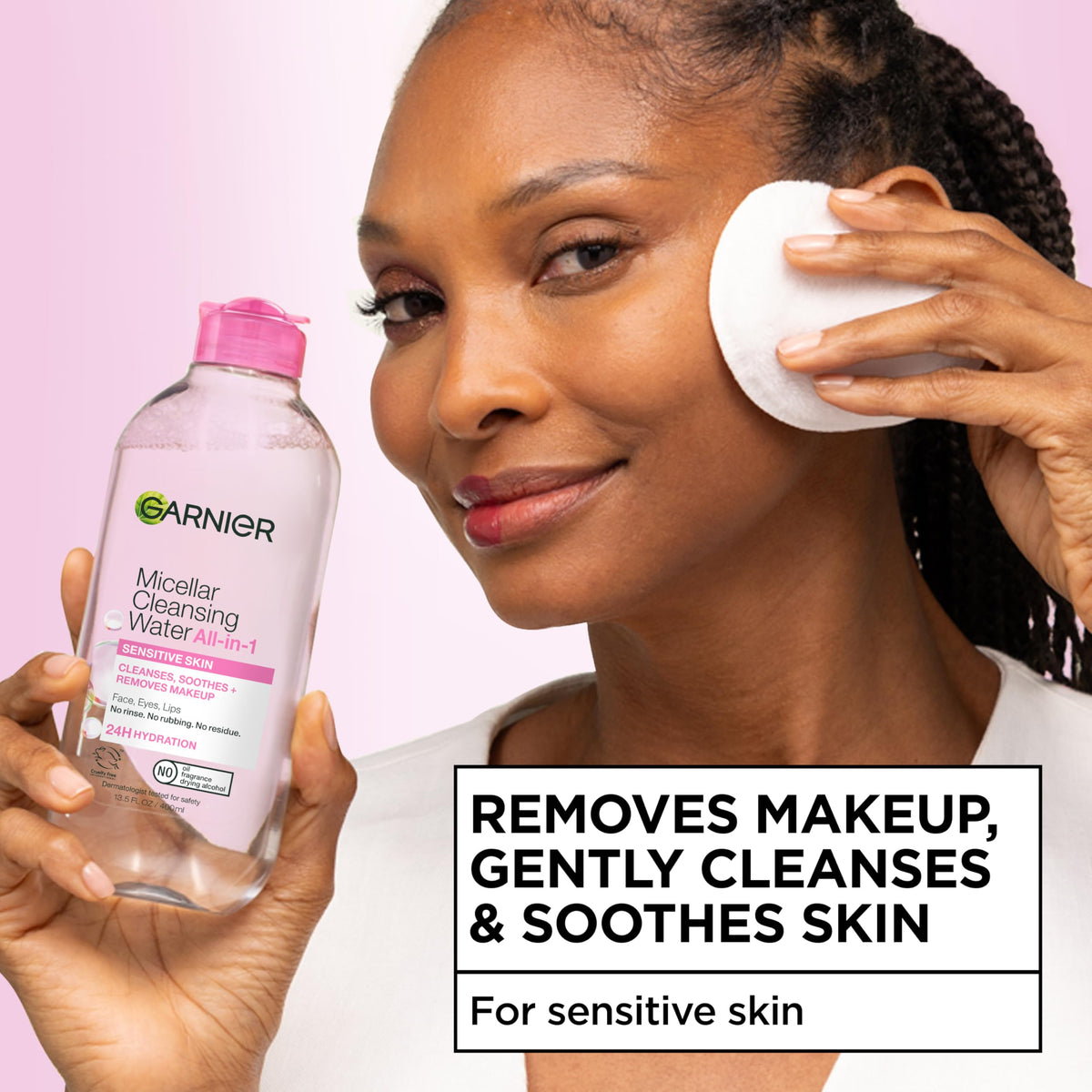 Garnier bottle close-up showing clear texture to demonstrate gentle formulation
