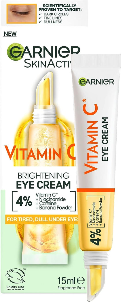Garnier eye cream front tube showing product branding and compact size benefit