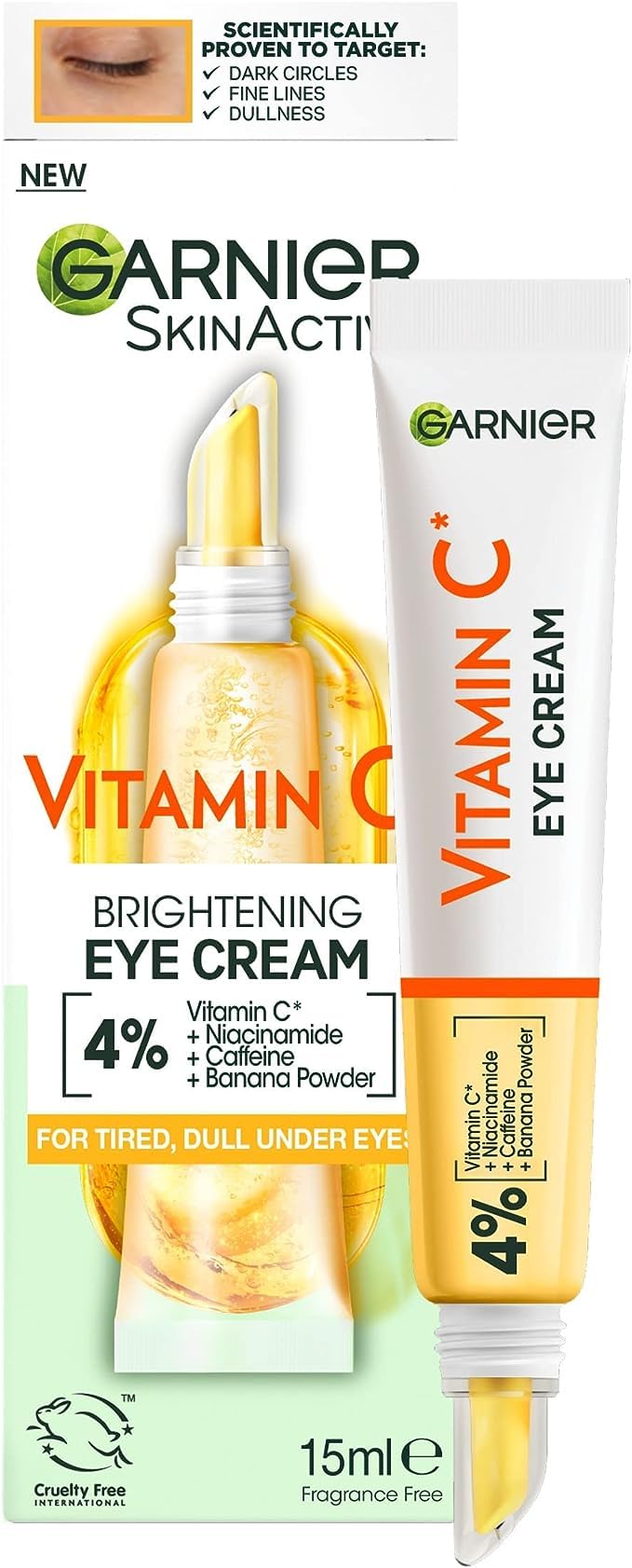 Garnier eye cream front tube showing product branding and compact size benefit