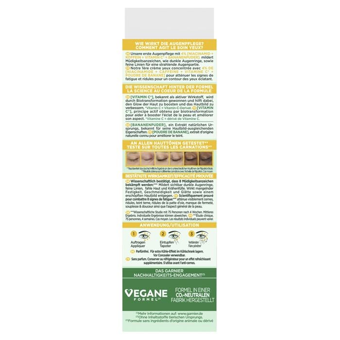 Garnier eye cream with vitamin C serum drop illustrating brightening benefit