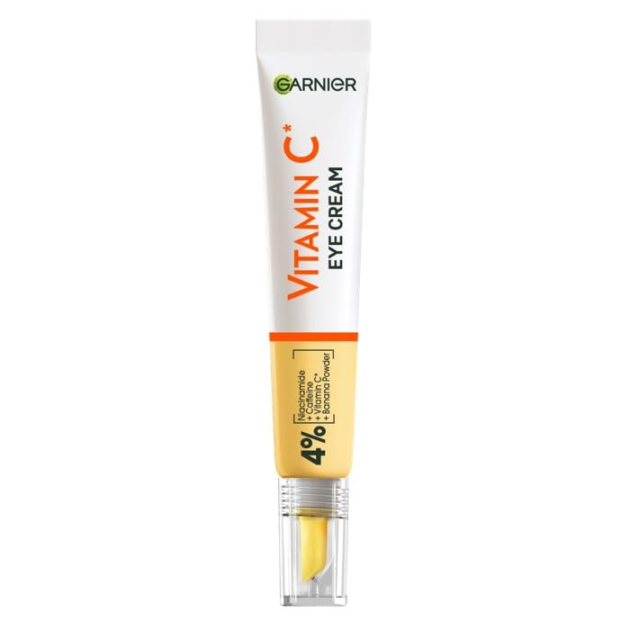 Garnier eye cream open cap and cream texture demonstrating lightweight absorbency