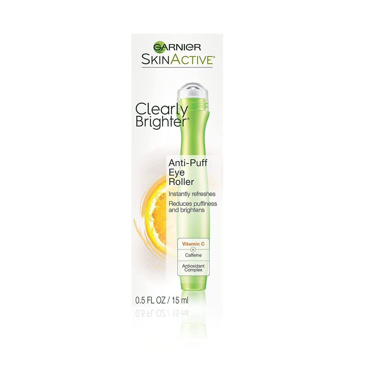 Garnier front packaging showing clearly brighter eye roller benefits