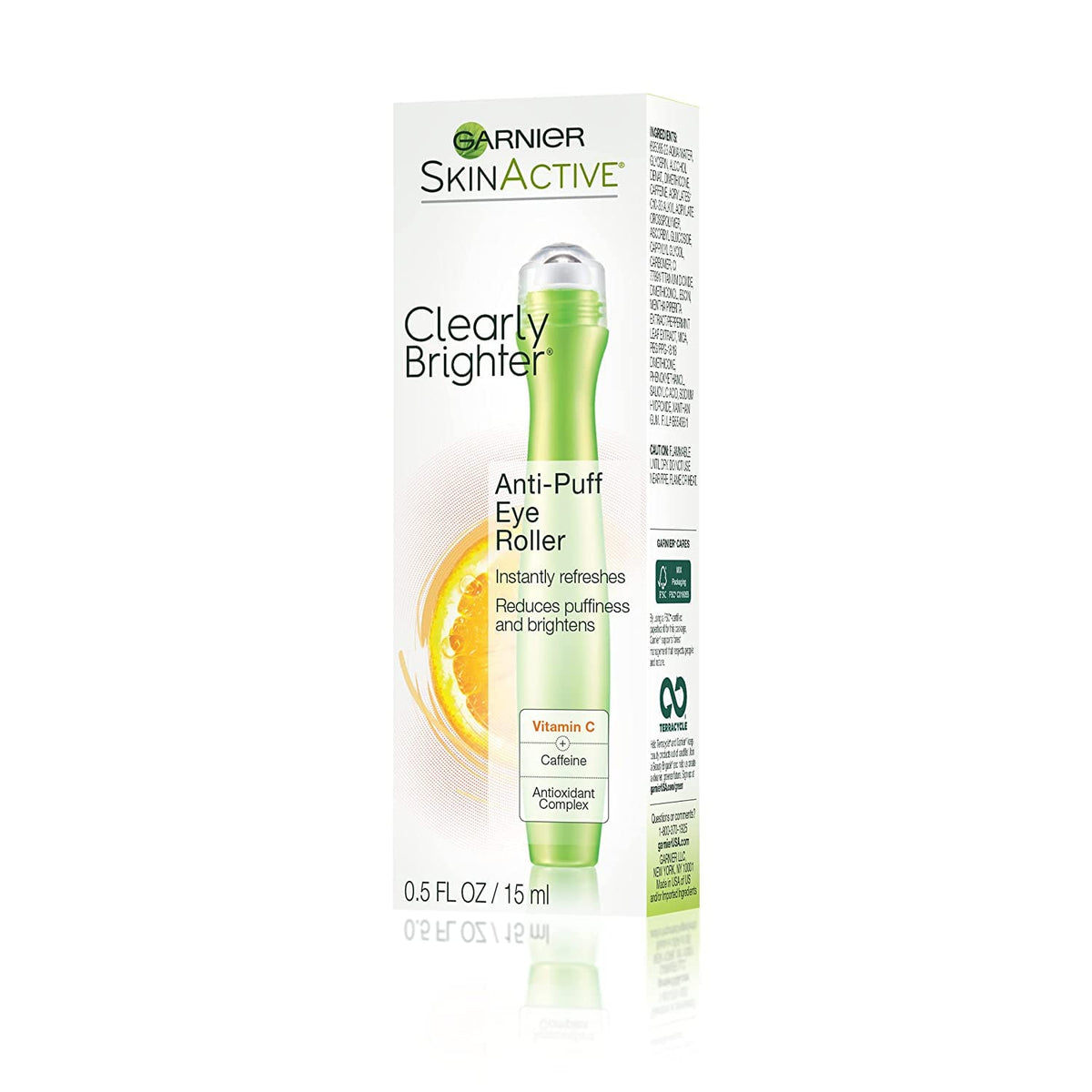 Garnier label closeup focusing on caffeine ingredient benefit