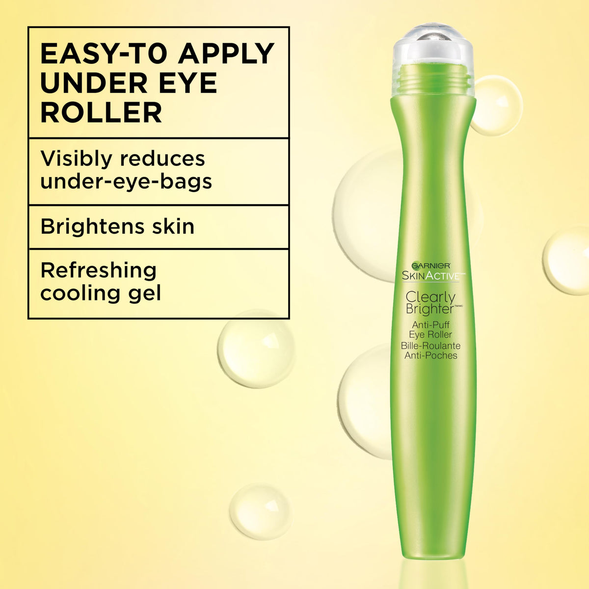 Garnier metal roll-on tip close-up highlighting cooling applicator for targeted under-eye massage