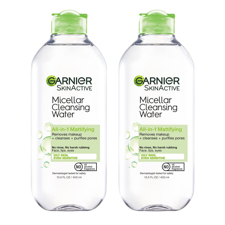 Garnier front packaging showing two 400mL bottles and mattifying benefit