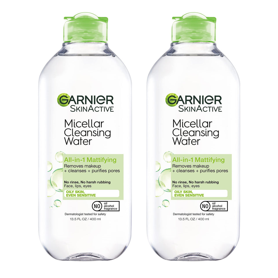 Garnier front packaging showing two 400mL bottles and mattifying benefit