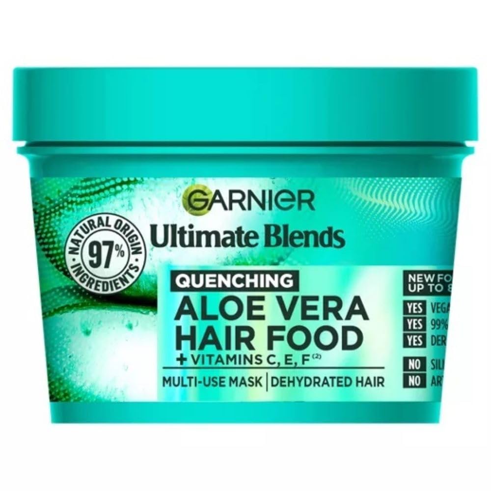 garnier Fructis Aloe Vera+ mask front packaging shows tub and branding, highlights 100h moisture benefit