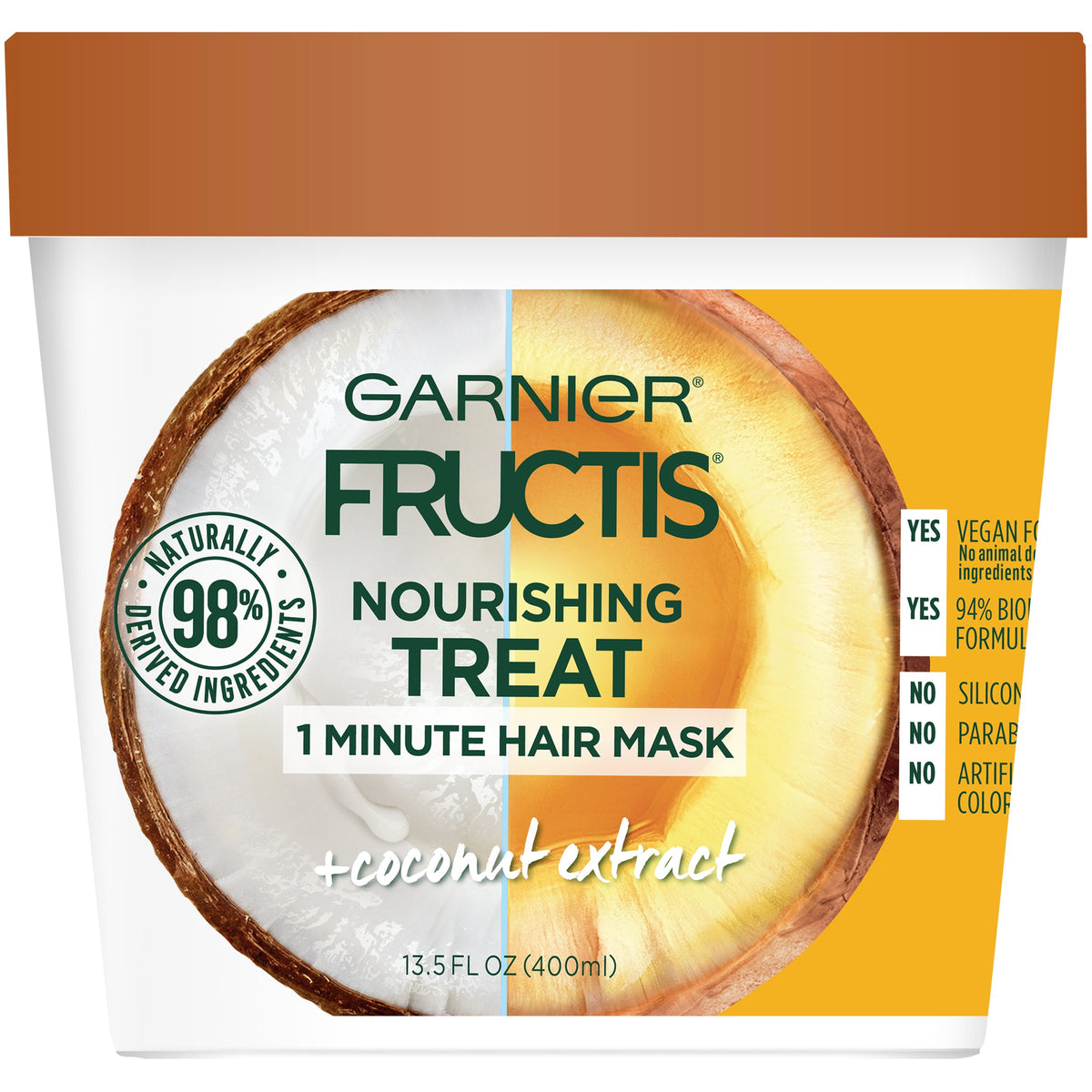 Garnier Fructis front packaging showing jar and coconut benefits for smooth hair