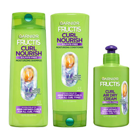 Garnier Fructis front packaging showing full curl care set and benefits