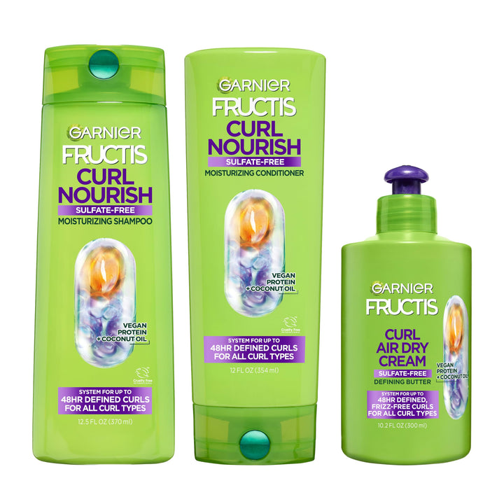 Garnier Fructis front packaging showing full curl care set and benefits