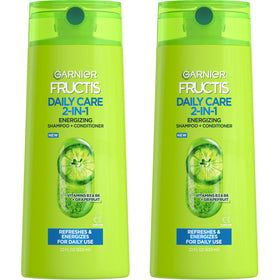 Garnier front packaging showing two 22 fl oz bottles and brand benefit