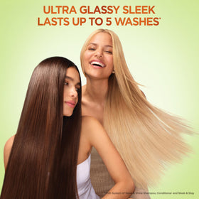 Garnier Fructis used in a styling routine showing sleek, shiny finished hair