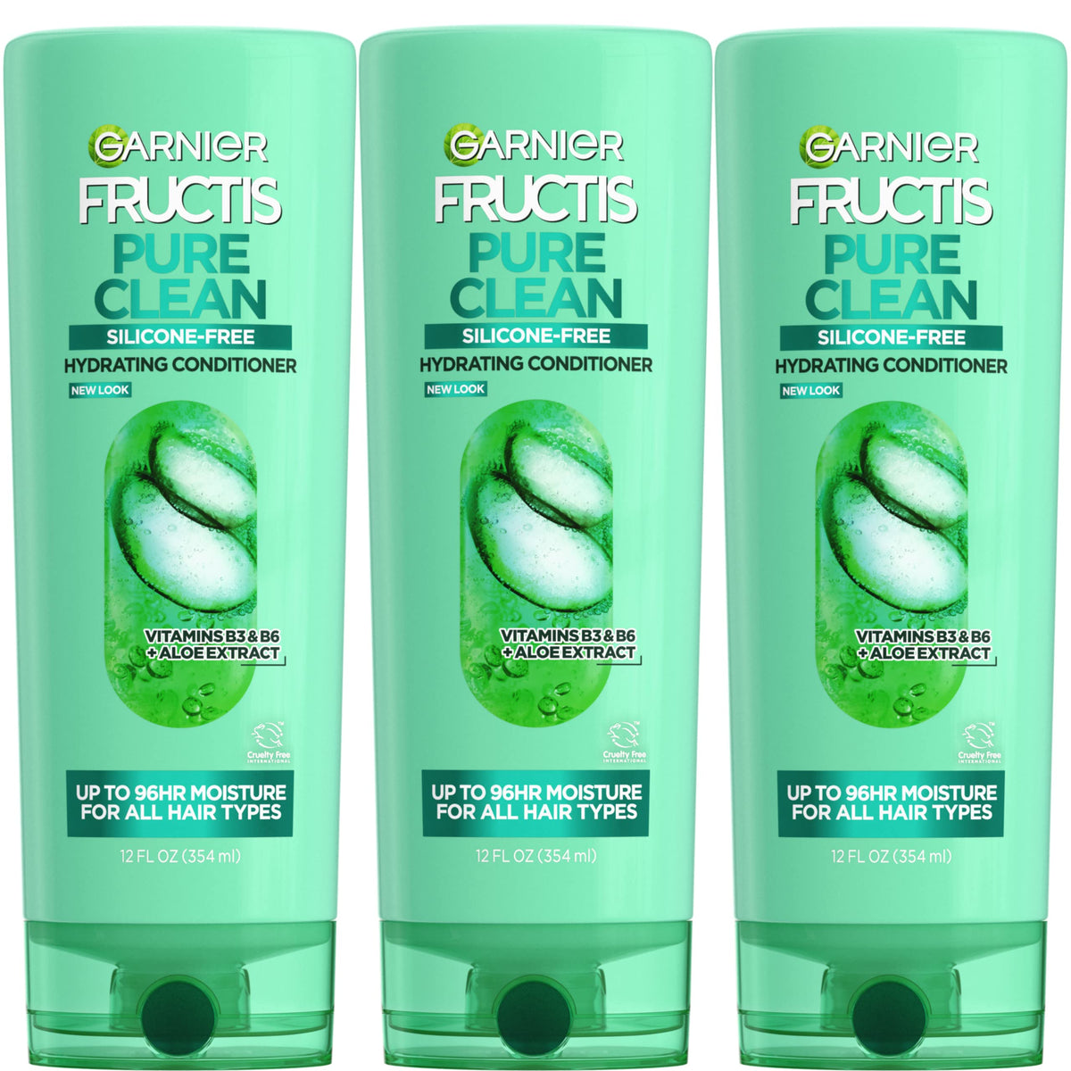 Garnier Fructis bottle front packaging showing label and recycled plastic claim for clear benefits
