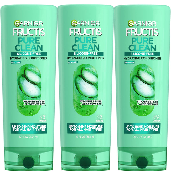 Garnier Fructis bottle front packaging showing label and recycled plastic claim for clear benefits