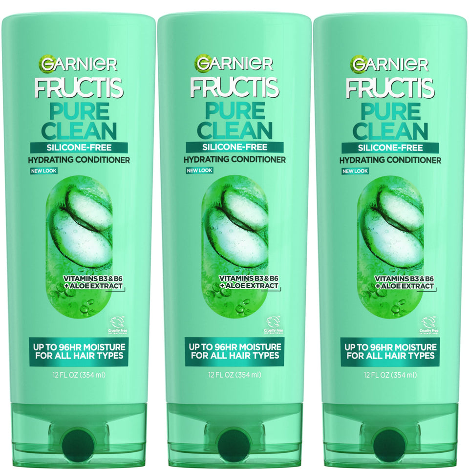 Garnier Fructis bottle front packaging showing label and recycled plastic claim for clear benefits