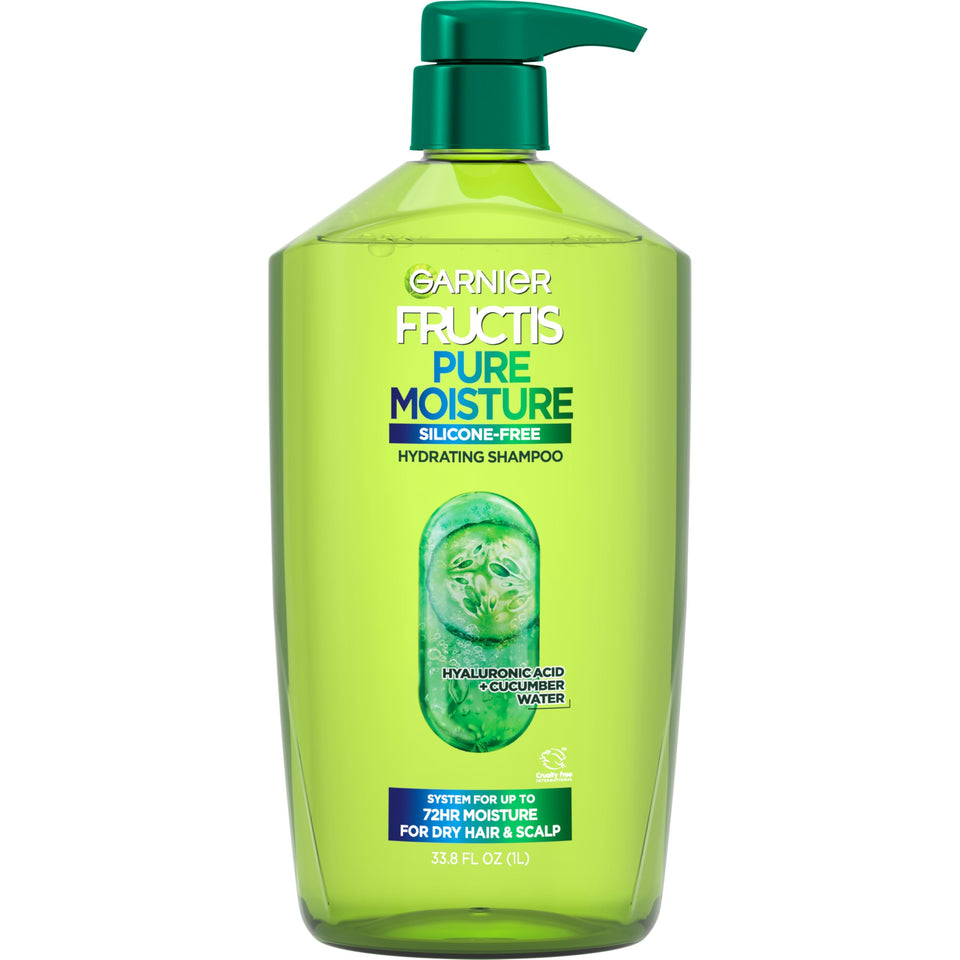 Garnier Fructis front packaging showing large 33.8 fl oz bottle and brand benefits