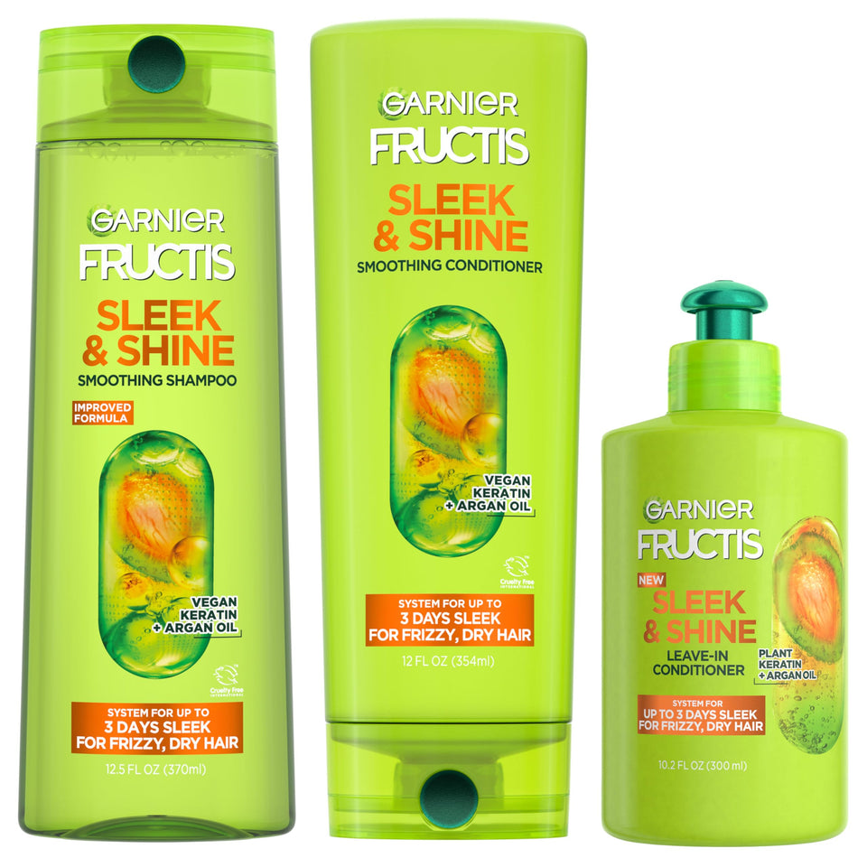 Garnier Fructis front packaging showing full three-piece set and benefits