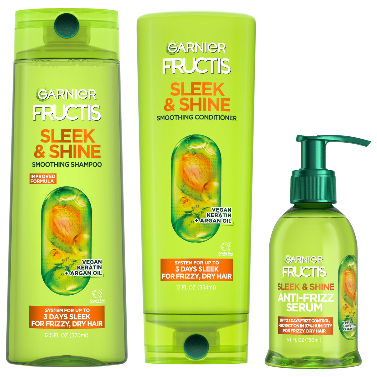 Garnier Fructis front packaging showing full three-piece set and benefits