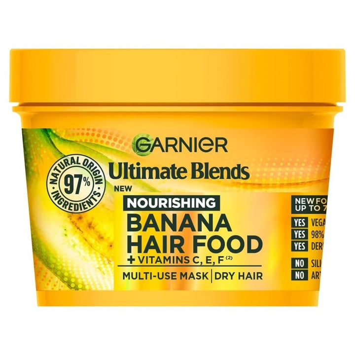 Garnier front packaging showing banana and shea, communicates nourishing benefits