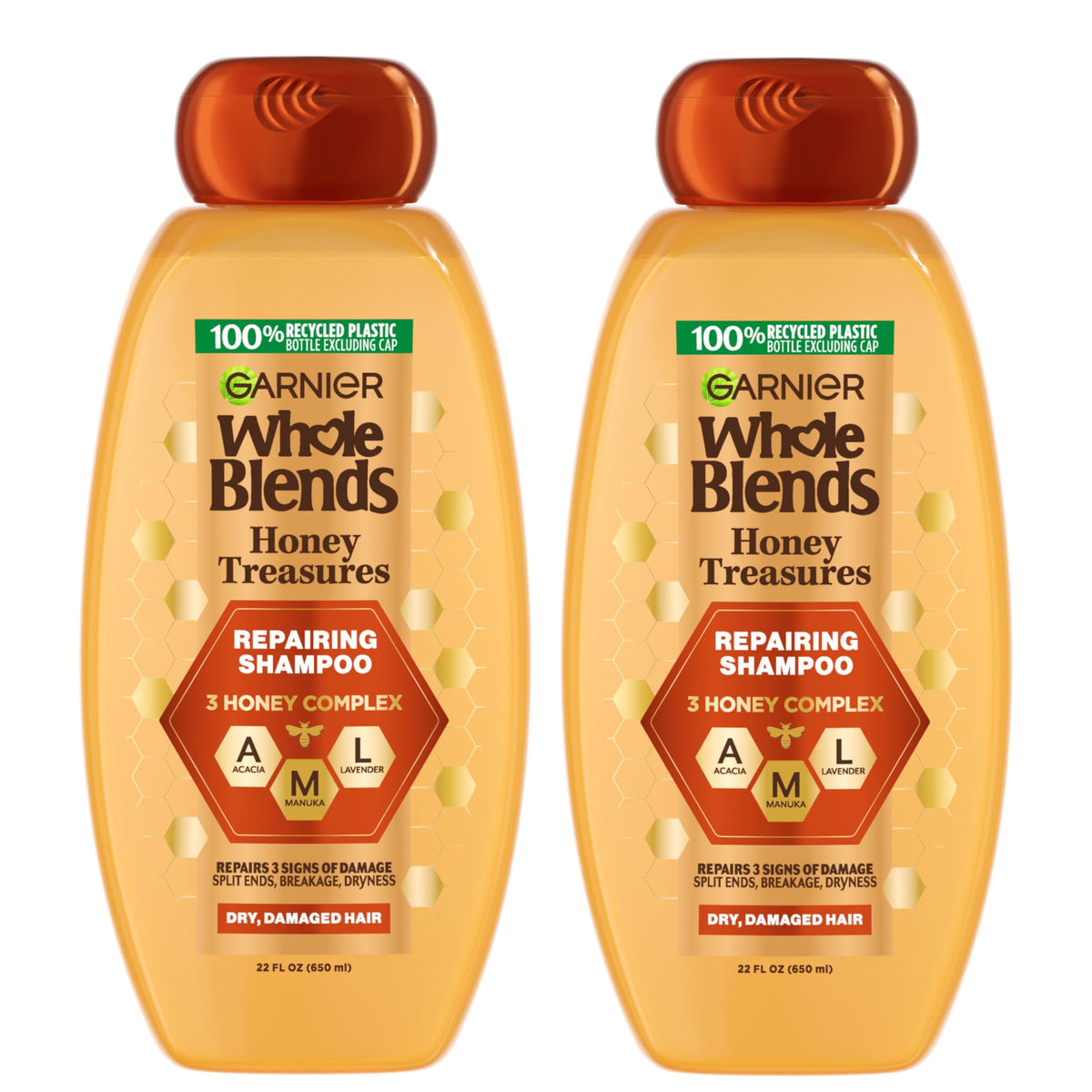 Garnier front packaging showing two 22 oz bottles with honey fragrance and benefit