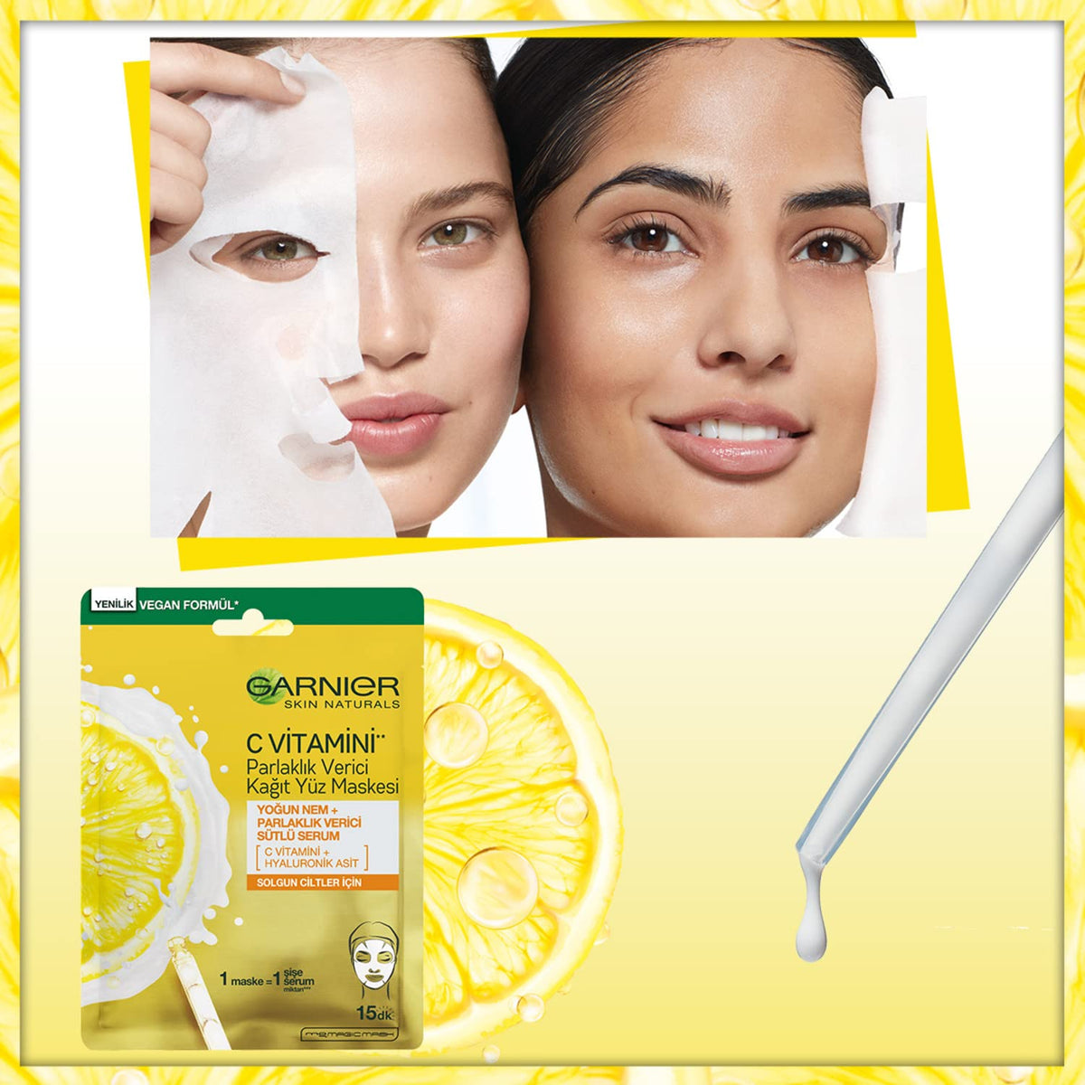 Garnier mask beside smartphone to show compact size and portability
