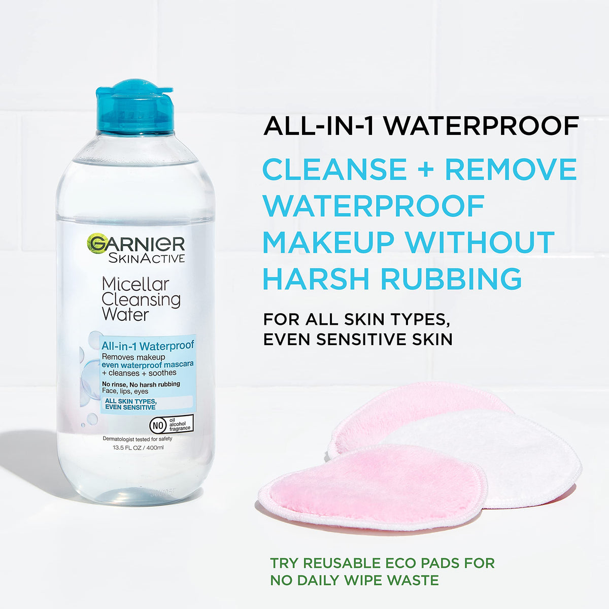Garnier pouring close-up of clear micellar water highlighting lightweight texture and purity