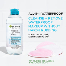 Garnier pouring close-up of clear micellar water highlighting lightweight texture and purity