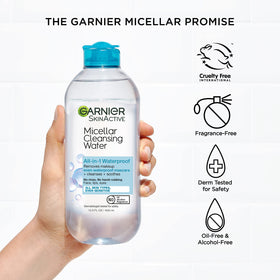 Garnier size scale comparison with hand to show 400mL travel-friendly volume advantage