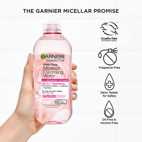 Garnier removing eye makeup on a model emphasizing effective, gentle eye-area cleansing benefit