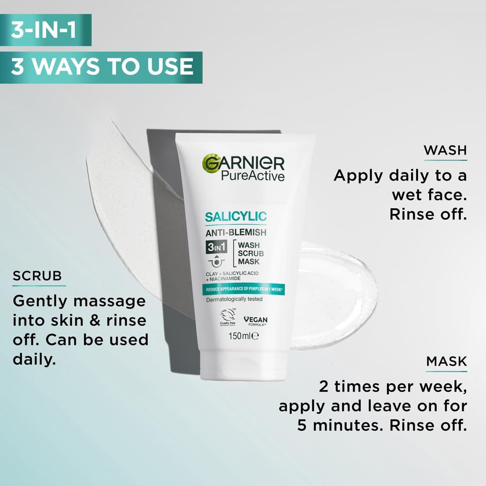 Garnier tube beside measuring items showing 150 ml scale and travel convenience
