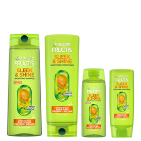 Garnier Fructis sleek & shine front packaging showing full sizes and travel sizes, convenient set