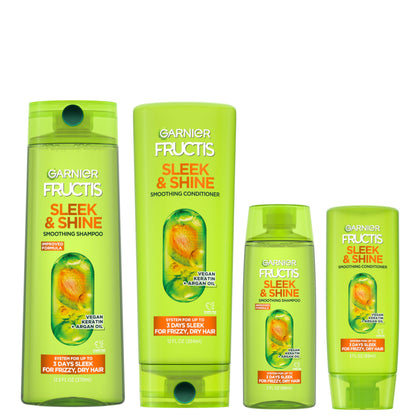 Garnier Fructis sleek & shine front packaging showing full sizes and travel sizes, convenient set