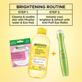 Three Garnier eye rollers displayed with a coin to show 15mL size and travel-friendly convenience