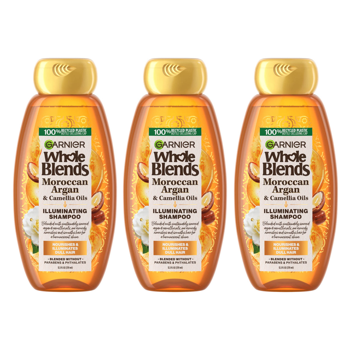 Garnier Whole Blends front packaging showing three 12.5 fl oz bottles for convenience