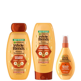 Garnier front packaging of Honey Treasures kit showing all three products and quick benefits