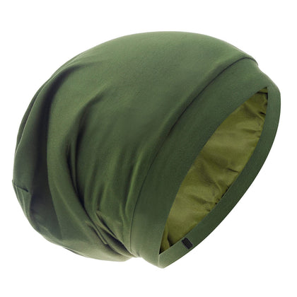 GB Selected front view of olive satin-lined bonnet showing style and fit