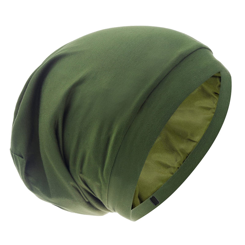 GB Selected front view of olive satin-lined bonnet showing style and fit