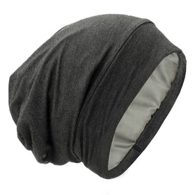 GB Selected front view of dark grey sleep bonnet shows secure fit benefit