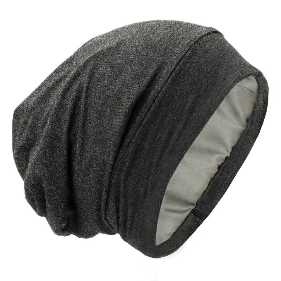 GB Selected front view of dark grey sleep bonnet shows secure fit benefit