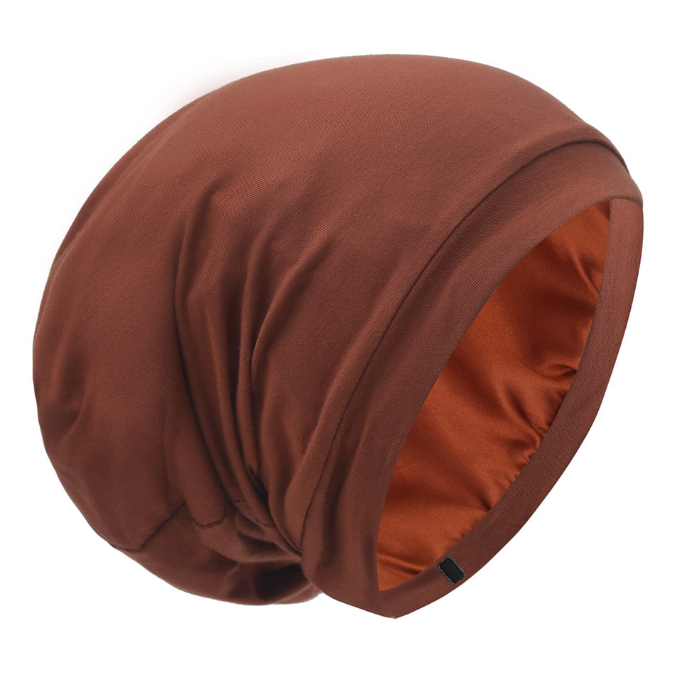 GB Selected front view of caramel satin-lined bonnet showing full coverage and style benefit