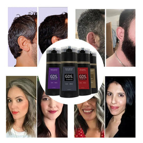 Gds Shampoo before and after hair strands illustrating gray coverage