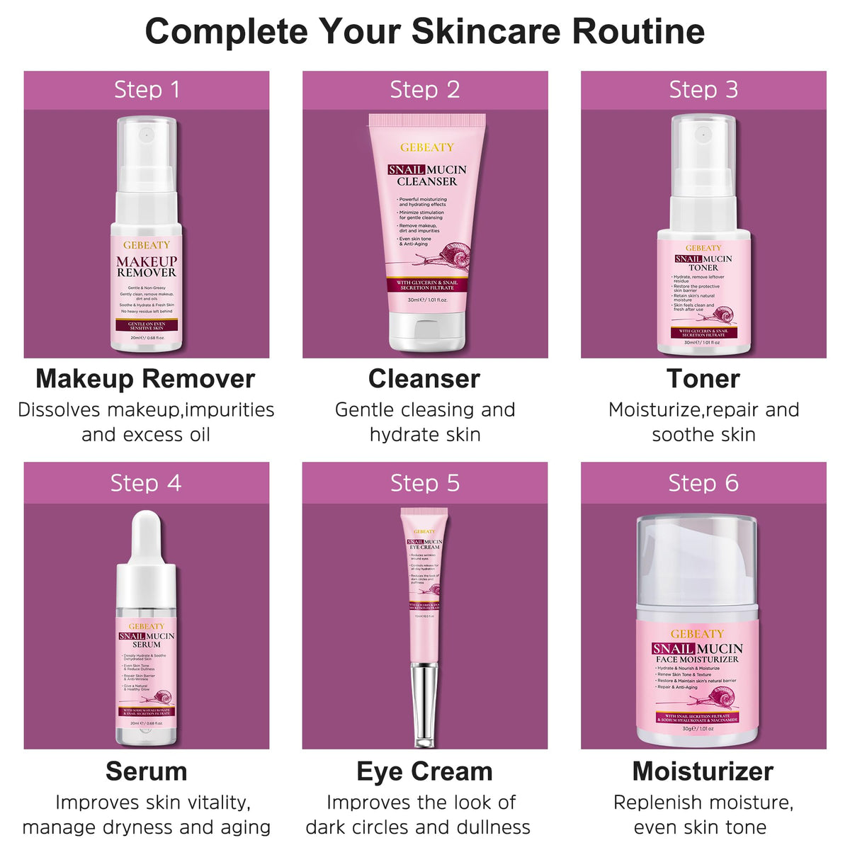 GEBEATY snail mucin serum dropper dispensing product for targeted repair benefit