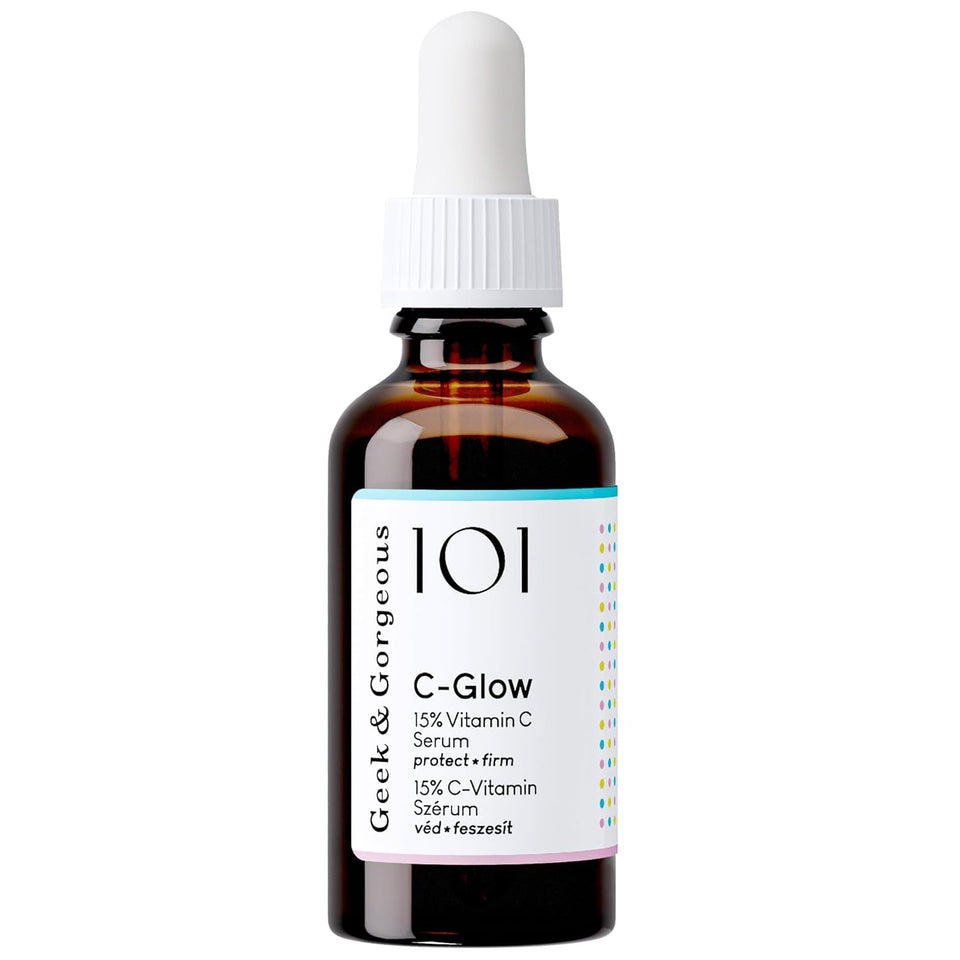 Geek & Gorgeous front label showing product name and 15% vitamin C benefit