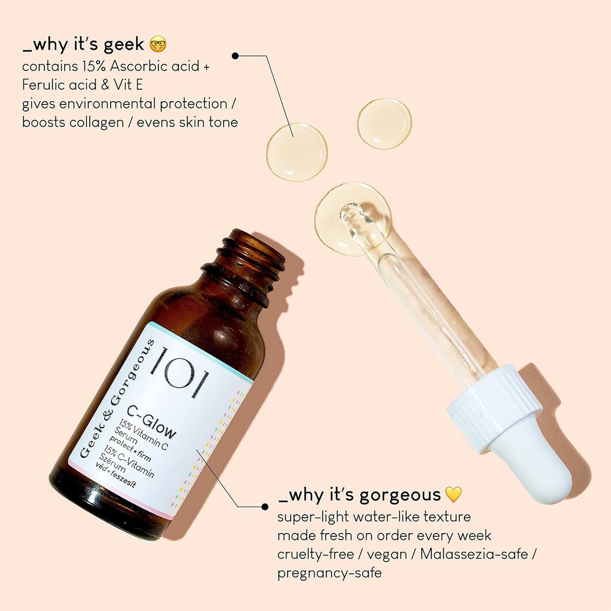 Geek & Gorgeous ingredients panel showing vitamin C ferulic and vitamin E benefit