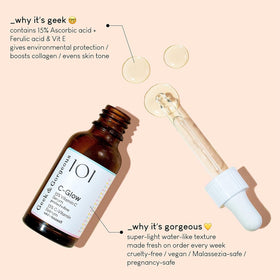 Geek & Gorgeous ingredients panel showing vitamin C ferulic and vitamin E benefit